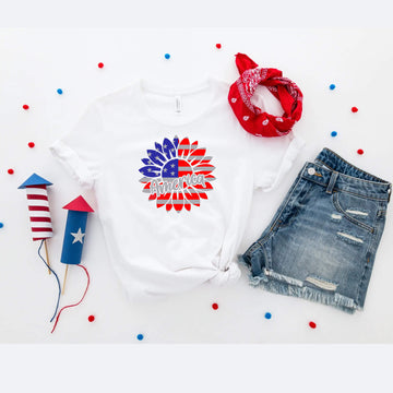 Camiseta del 4 de julio, Girasol americano, Tanque azul blanco rojo, Camiseta patriótica, Camiseta sin mangas para mujer, Damas, Ropa personalizada, Camiseta del Día de la Independencia, Tanque del Día de los Caídos