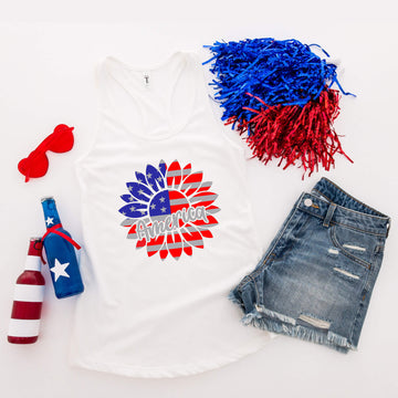 Camiseta del 4 de julio, Girasol americano, Tanque azul blanco rojo, Camiseta patriótica, Camiseta sin mangas para mujer, Damas, Ropa personalizada, Camiseta del Día de la Independencia, Tanque del Día de los Caídos