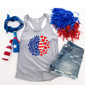 Camiseta del 4 de julio, Corazones de girasol americanos, Tanque azul blanco rojo, Camiseta patriótica, Camiseta sin mangas para mujer, Damas, Ropa personalizada, Camiseta del Día de la Independencia, Tanque del Día de los Caídos
