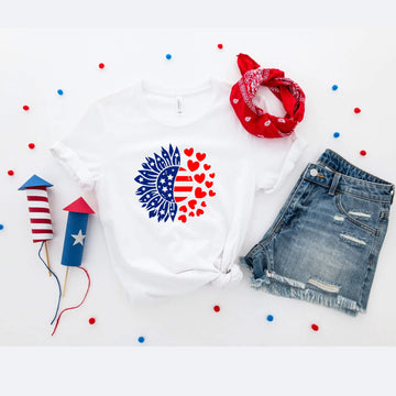 Camiseta del 4 de julio, Corazones de girasol americanos, Tanque azul blanco rojo, Camiseta patriótica, Camiseta sin mangas para mujer, Damas, Ropa personalizada, Camiseta del Día de la Independencia, Tanque del Día de los Caídos