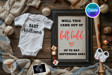 Digital Baseball Pregnancy Announcement, Well This Came Out of Left Field, Personalized Baseball Themed, Customizable Editable Template
