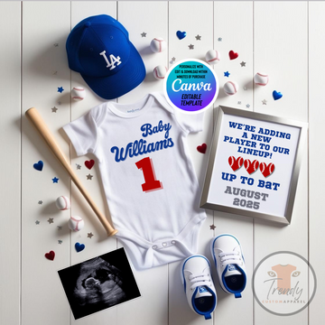 Los Angeles Dodgers Baseball-baby announcement jersey and accessories with a personalized sign on a wooden surface, editable in Canva.