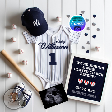 Baseball-themed baby announcement New York Yankees with jersey, cap, and bat on a wooden background