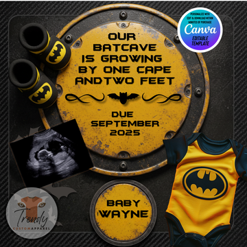 Digital Batman Pregnancy Announcement, Customizable Superhero Themed, Personalized Editable Template