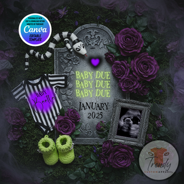 Digital Spooky Pregnancy Announcement, Baby Due, Customizable Beetlejuice Themed, Personalized Editable Template