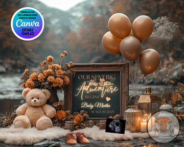 Digital Mountains Pregnancy Announcement, Our Next Big Adventure, Customizable Outdoorsy Themed, Personalized Editable Template