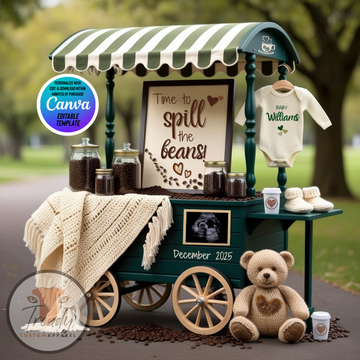 Digital Pregnancy Announcement, Customizable Coffee Beans Themed, Spill the Beans, Personalized Editable Template