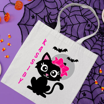 Halloween Personalized Name Cute Girl's Cat Trick or Treat Candy Large Tote Bag