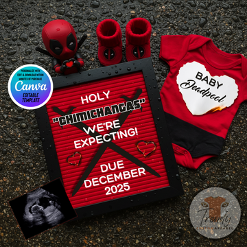 Digital Deadpool Chimichangas Pregnancy Announcement, Customizable Superhero Themed, Personalized Editable Template