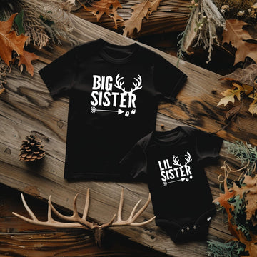 Matching Sibling Hunting Big Sister or Little Sister Baby Onesie, Girl’s Graphic Print T-Shirt