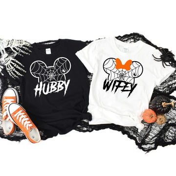Camisetas unisex con estampado gráfico de ratón de Halloween de marido y mujer a juego para parejas