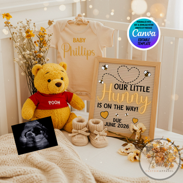 Digital Pregnancy Announcement, Our Little Hunny Is Due, Customizable Disney Winnie The Pooh Themed, Personalized Editable Template