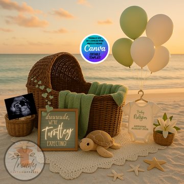 Digital Turtle Pregnancy Announcement, Dude We’re Turtley Expecting, Customizable Beach Themed, Personalized Editable Template