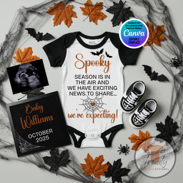 Digital Halloween Pregnancy Announcement, We’re Expecting Baby Reveal, Customizable Personalized Editable Template