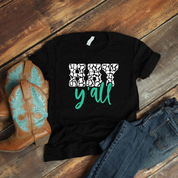 Country Cow Print Hay Y'all Women's Graphic Print T-Shirt