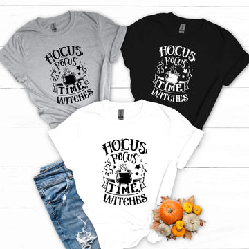 Camiseta con estampado gráfico de Halloween Hocus Pocus Time Witches para mujer