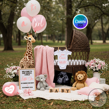 Digital Pregnancy Announcement, It's A Girl, Instant Download Gender Reveal, Jungle Animals Themed Editable Template