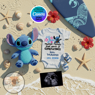 Digital Pregnancy Announcement, Ohana Means Family & Ours is Growing, Customizable Lilo & Stitch Themed, Personalized Editable Template