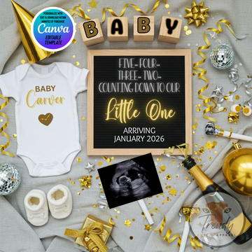 Digital Pregnancy Announcement, Counting Down To Our Little One, Customizable New Years Themed, Personalized Editable Template