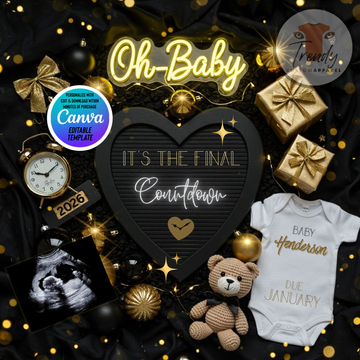 Digital Pregnancy Announcement, Final Countdown, Customizable New Years Themed, Personalized Editable Template