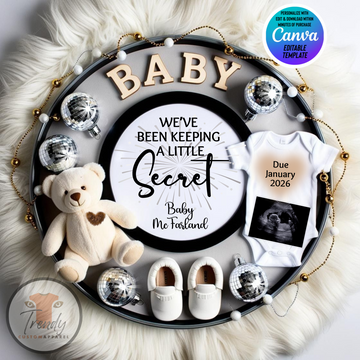 Digital Pregnancy Announcement, Little Secret Baby Reveal, Customizable New Years Themed, Personalized Editable Template