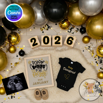 Digital Pregnancy Announcement, Poppin Bottles, Customizable New Years Themed, Personalized Editable Template