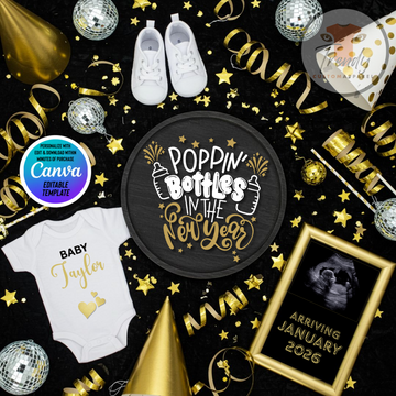 Digital Pregnancy Announcement, Poppin Bottles Party, Customizable New Years Themed, Personalized Editable Template