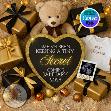 Digital Pregnancy Announcement, Tiny Secret Baby Reveal, Customizable New Years Themed, Personalized Editable Template