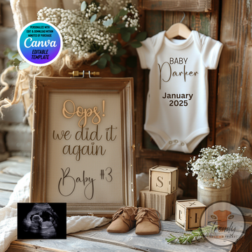 Digital Pregnancy Announcement, Oops We Did It Again!, Gender Neutral, Customizable Rustic Themed, Personalized Editable Template
