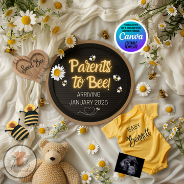A digital pregnancy announcement template with honeybee and daisy motifs, customizable text, and a yellow onesie with the name 'Baby Bennett'. The image includes a teddy bear, a letter board, and a onesie laid out on a floral background.