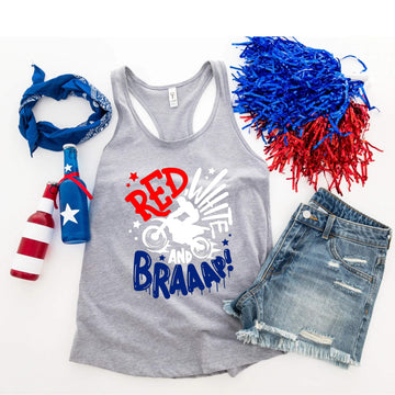 4th of July - Red White & Brap Patriotic Dirt Bike Graphic Print Women’s Tank Top