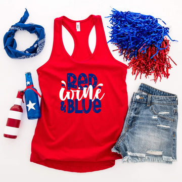 Camiseta del 4 de julio, vino tinto y azul, tanque azul blanco rojo, camiseta patriótica, camiseta sin mangas para mujer, ropa personalizada, camiseta del Día de la Independencia, tanque del Día de los Caídos