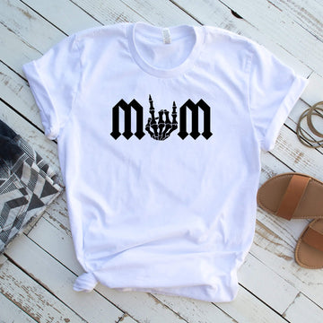 Rocker Mom Skelton Hand Camiseta con estampado gráfico para mujer