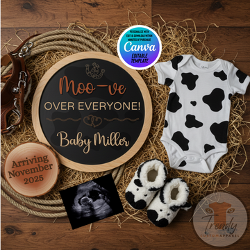 Digital Farm Animal Cow Pregnancy Announcement, Moo-ve Over Everyone, Customizable Western Themed, Personalized Editable Template