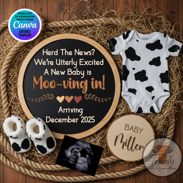 Digital Farm Animal Cow Pregnancy Announcement, Herd The Big News, Customizable Western Themed, Personalized Editable Template