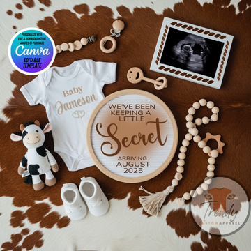 Digital Cow Print Pregnancy Announcement, We've Been Keeping a Little Secret, Customizable Western Themed, Personalized Editable Template