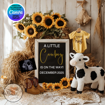 Digital Western Pregnancy Announcement, A Little Cowboy, Customizable Boys Themed, Personalized Editable Template