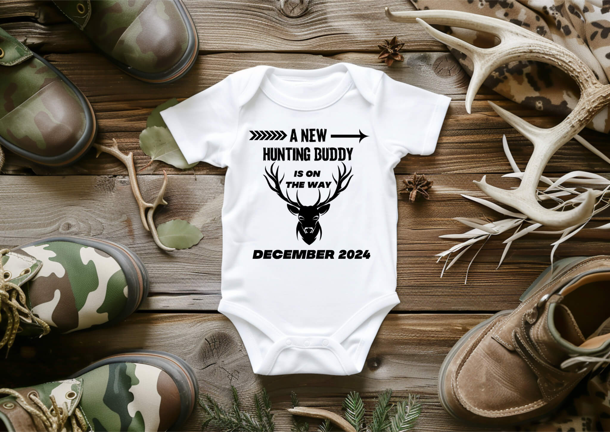 Personalized Pregnancy Announcement, A New Hunting Buddy Is On The Way, Hunting Inspired Customizable Onesie