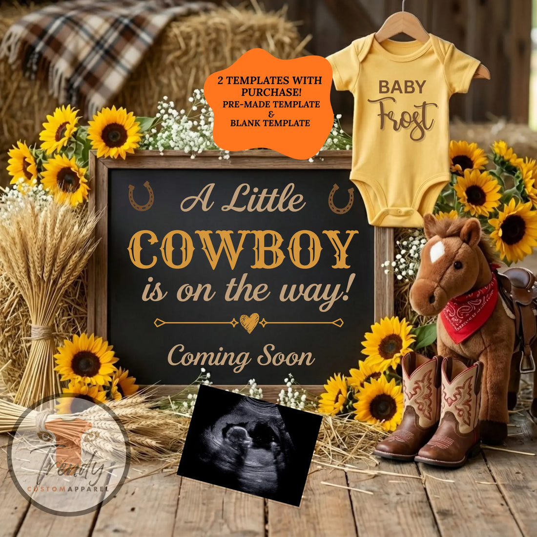A Little Cowboy is Coming, Farm Boy Digital Gender Reveal, Digital Western Pregnancy Announcement Customizable Editable Template - TrendyCustomApparel™