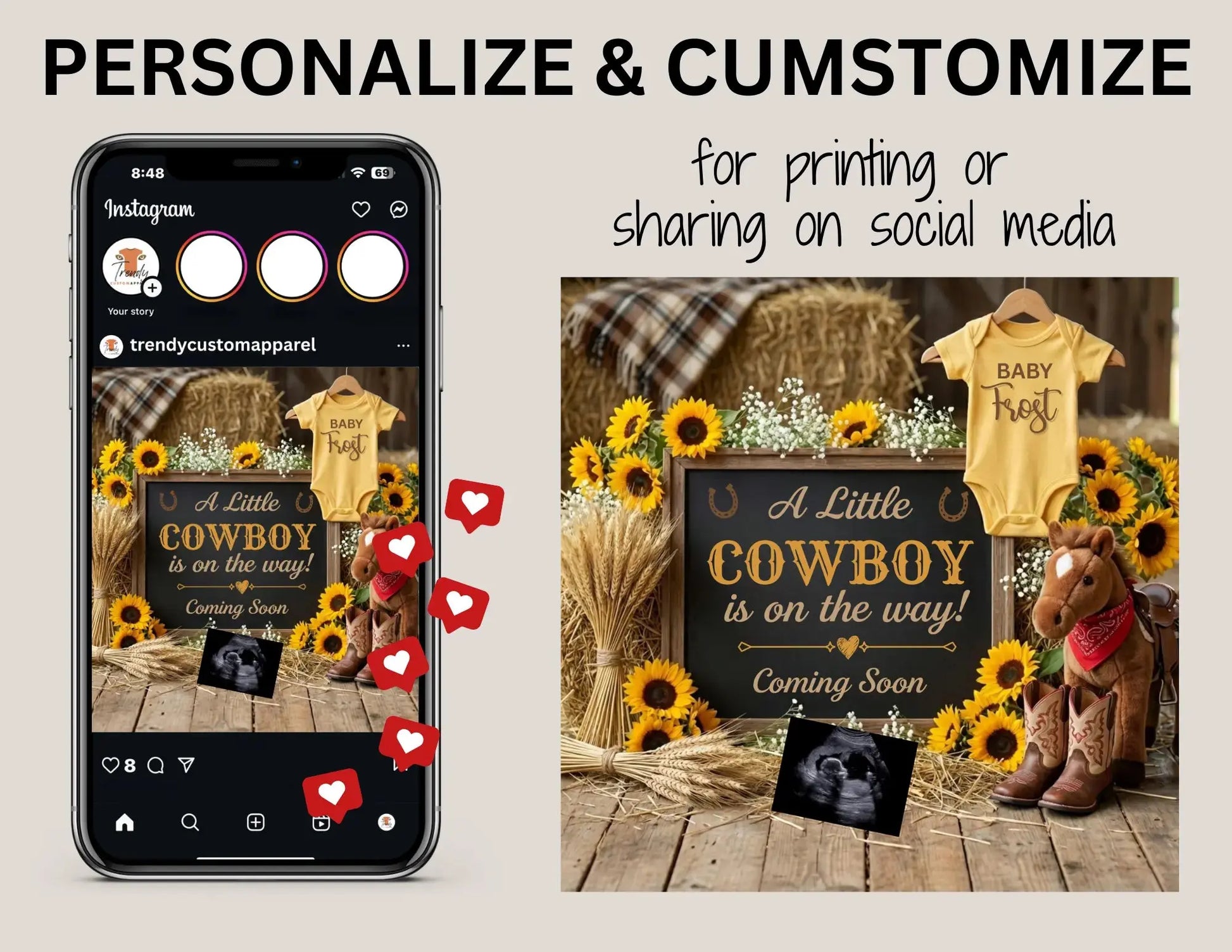 A Little Cowboy is Coming, Farm Boy Digital Gender Reveal, Digital Western Pregnancy Announcement Customizable Editable Template - TrendyCustomApparel™