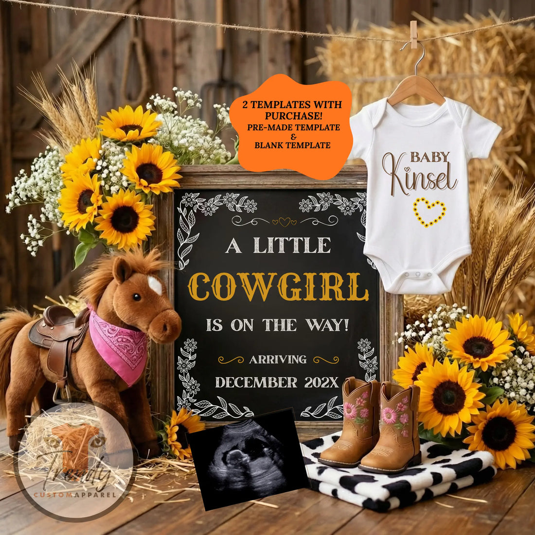 A Little Cowgirl is Coming, Farm Girl Digital Gender Reveal, Digital Western Pregnancy Announcement Customizable Editable Template - TrendyCustomApparel™