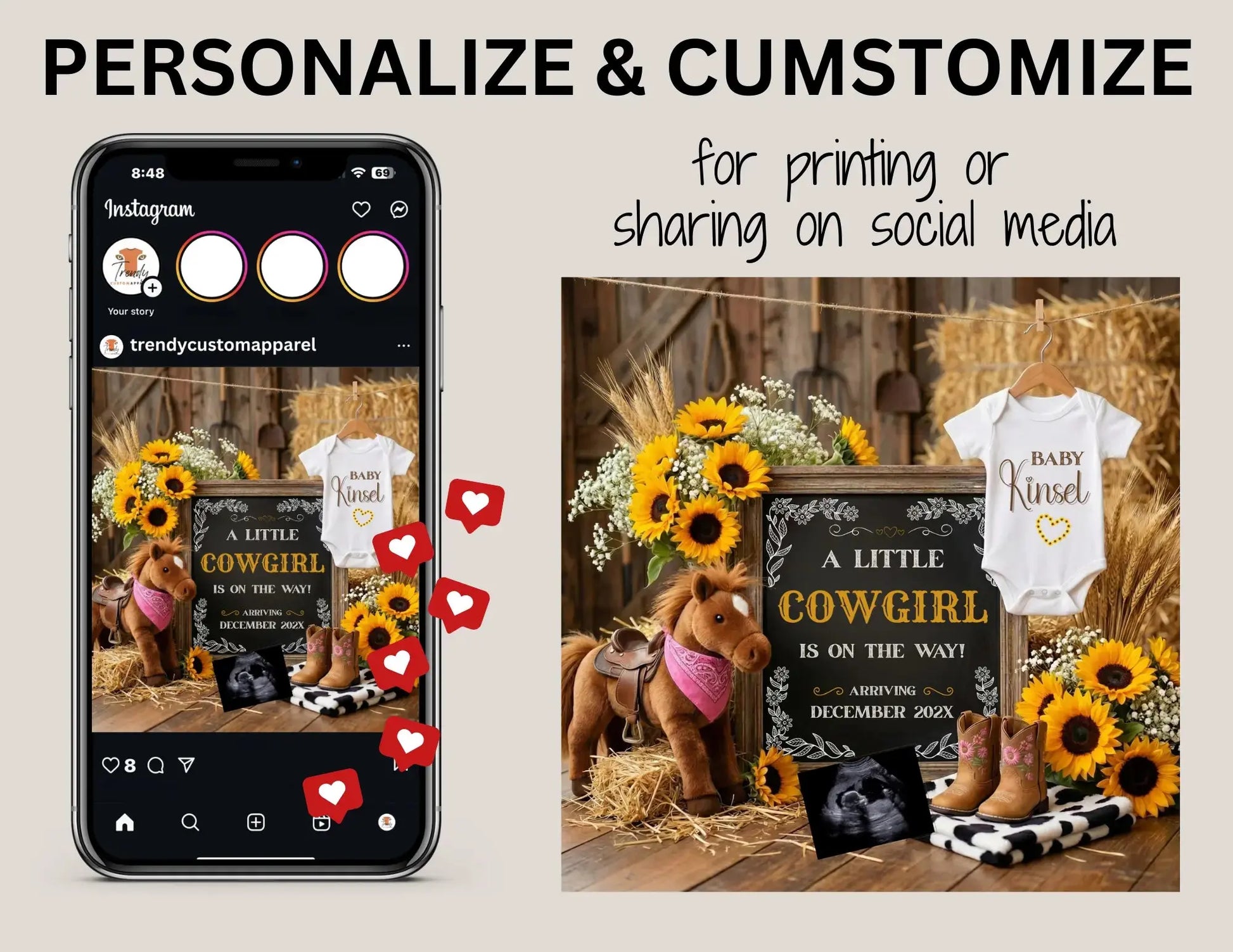 A Little Cowgirl is Coming, Farm Girl Digital Gender Reveal, Digital Western Pregnancy Announcement Customizable Editable Template - TrendyCustomApparel™