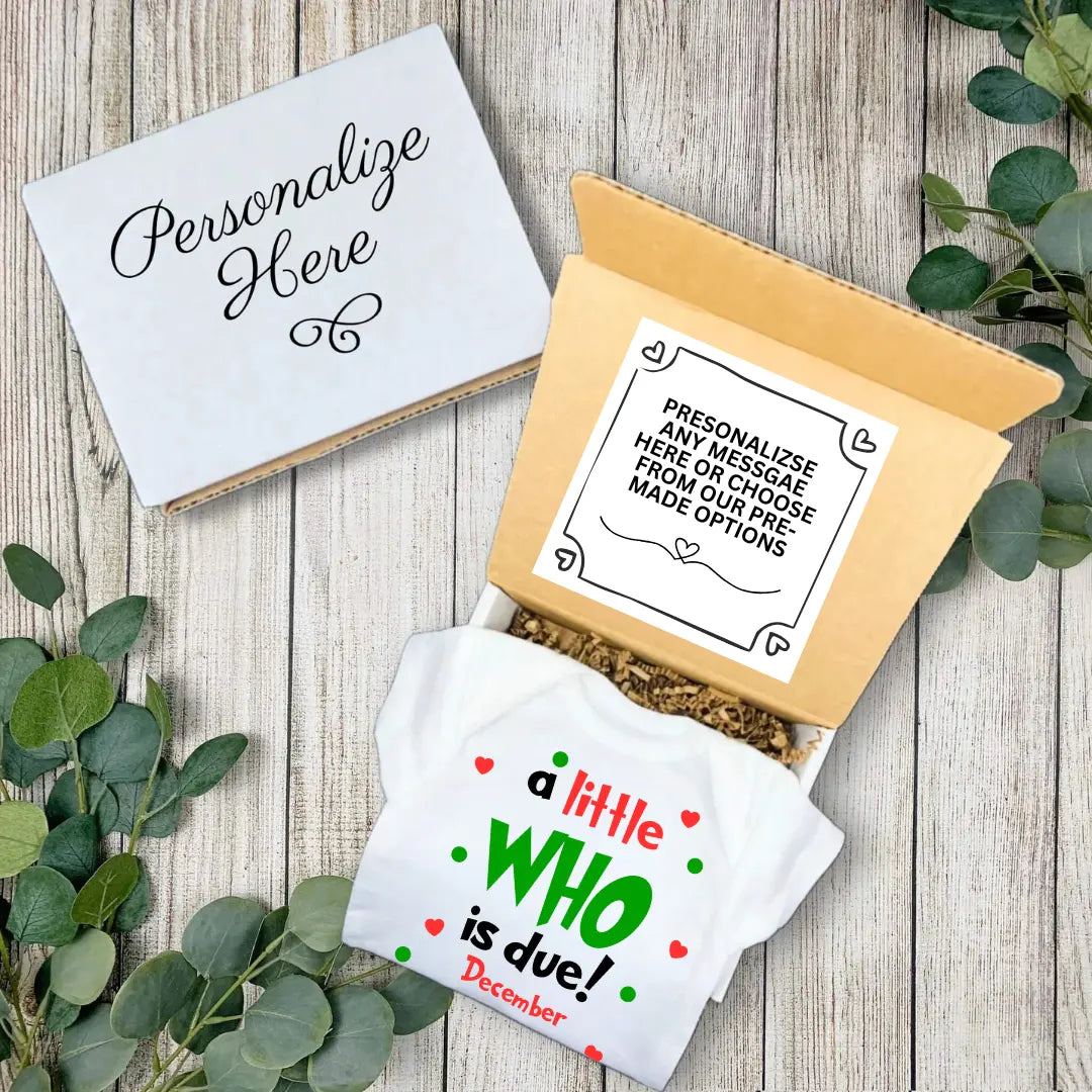 A Little Who is Due, The Grinch Inspired, Christmas Pregnancy Announcement Onesie, Optional Gift Box, DTF Transfer Print - TrendyCustomApparel™