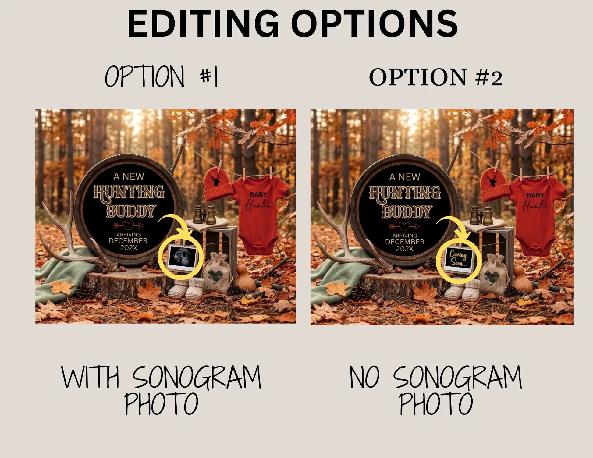 A New Hunting Buddy is Coming, Hunting Digital Pregnancy Announcement, Gender Neutral Customizable Editable Template - TrendyCustomApparel™