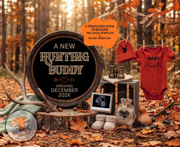 A New Hunting Buddy is Coming, Hunting Digital Pregnancy Announcement, Gender Neutral Customizable Editable Template - TrendyCustomApparel™