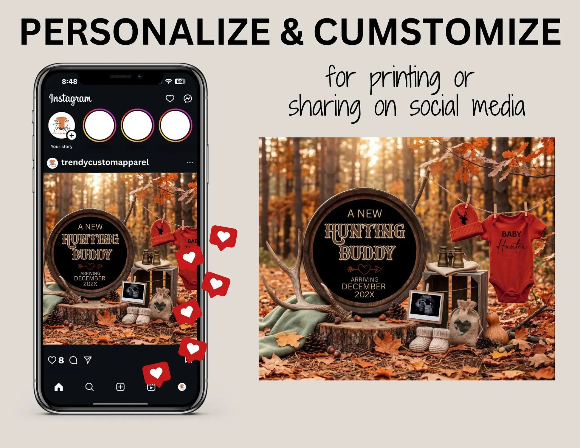 A New Hunting Buddy is Coming, Hunting Digital Pregnancy Announcement, Gender Neutral Customizable Editable Template - TrendyCustomApparel™