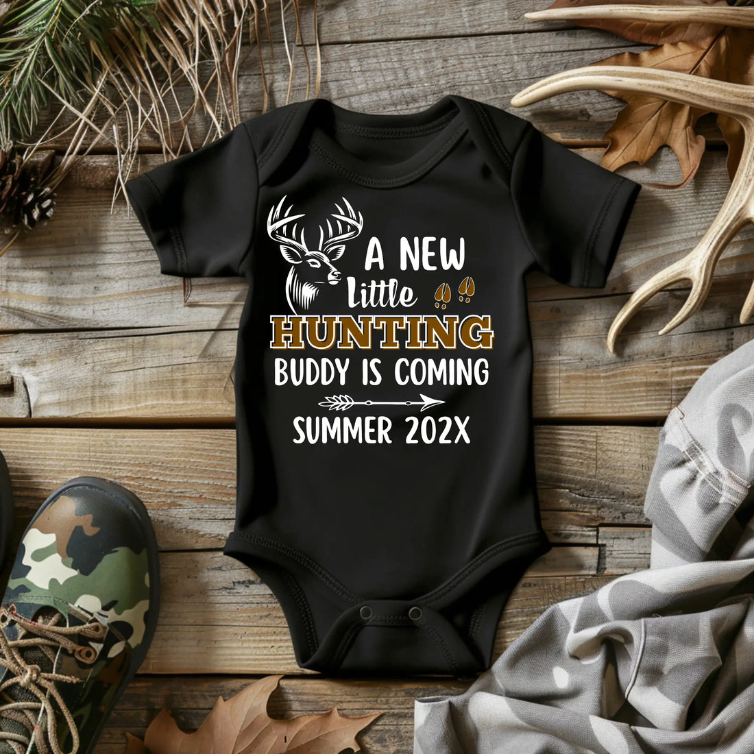 Personalized Pregnancy Announcement, A New Little Hunting Buddy Is Coming, Hunting Inspired Customizable Onesie TrendyCustomApparel™