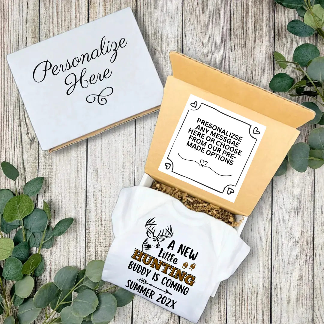 Personalized Pregnancy Announcement, A New Little Hunting Buddy Is Coming, Hunting Inspired Customizable Onesie TrendyCustomApparel™