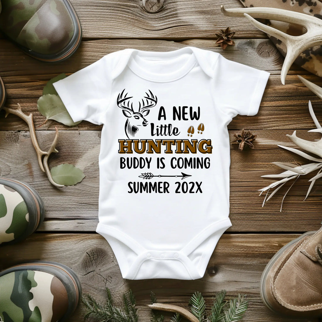 Personalized Pregnancy Announcement, A New Little Hunting Buddy Is Coming, Hunting Inspired Customizable Onesie TrendyCustomApparel™