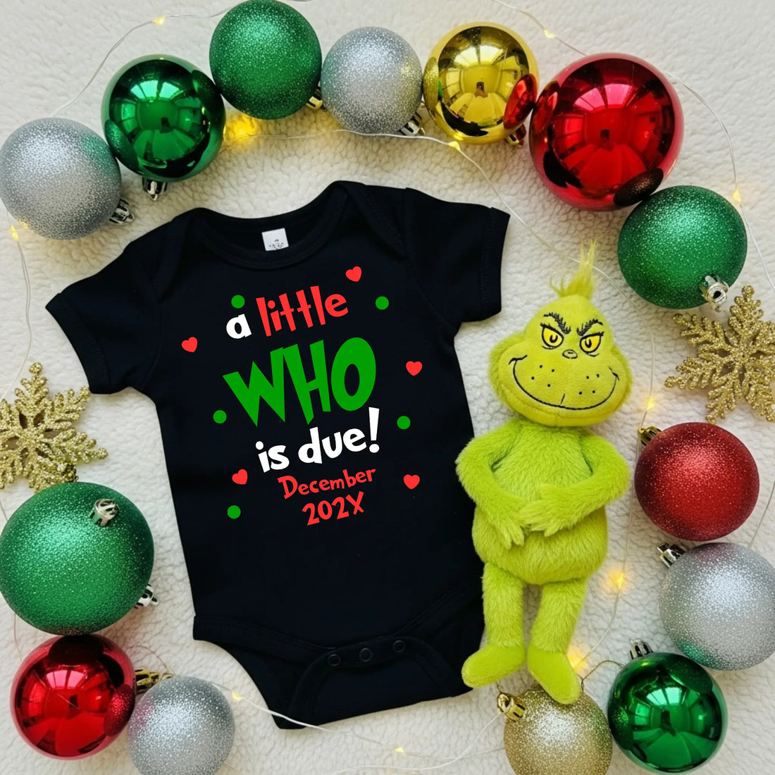 A Little Who is Due, The Grinch Inspired, Christmas Pregnancy Announcement Onesie, Optional Gift Box, DTF Transfer Print - TrendyCustomApparel™